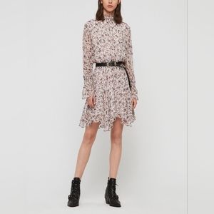 ALLSAINTS White Print Long Sleeve Ria Freefall Floral Smocked Mini Dress Size S